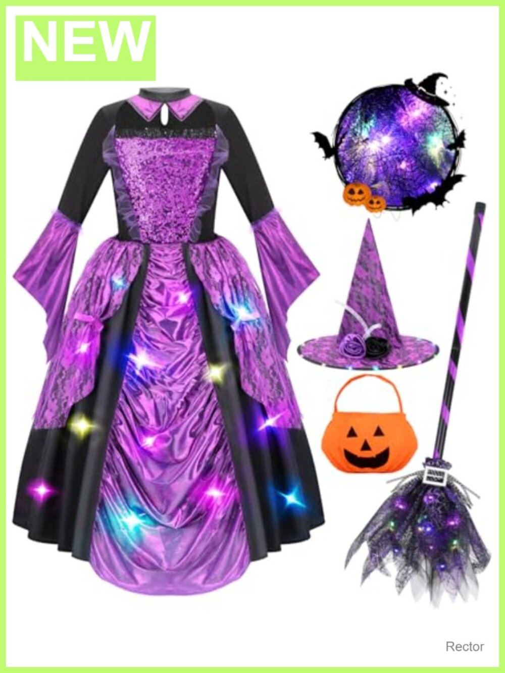 Girls Witch Costume Light Up Dress Hat Broomstick Halloween